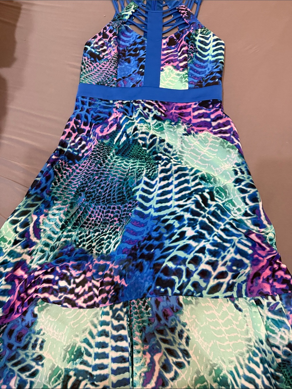 bebe Blue Multicolor Strappy Halter Print Dress